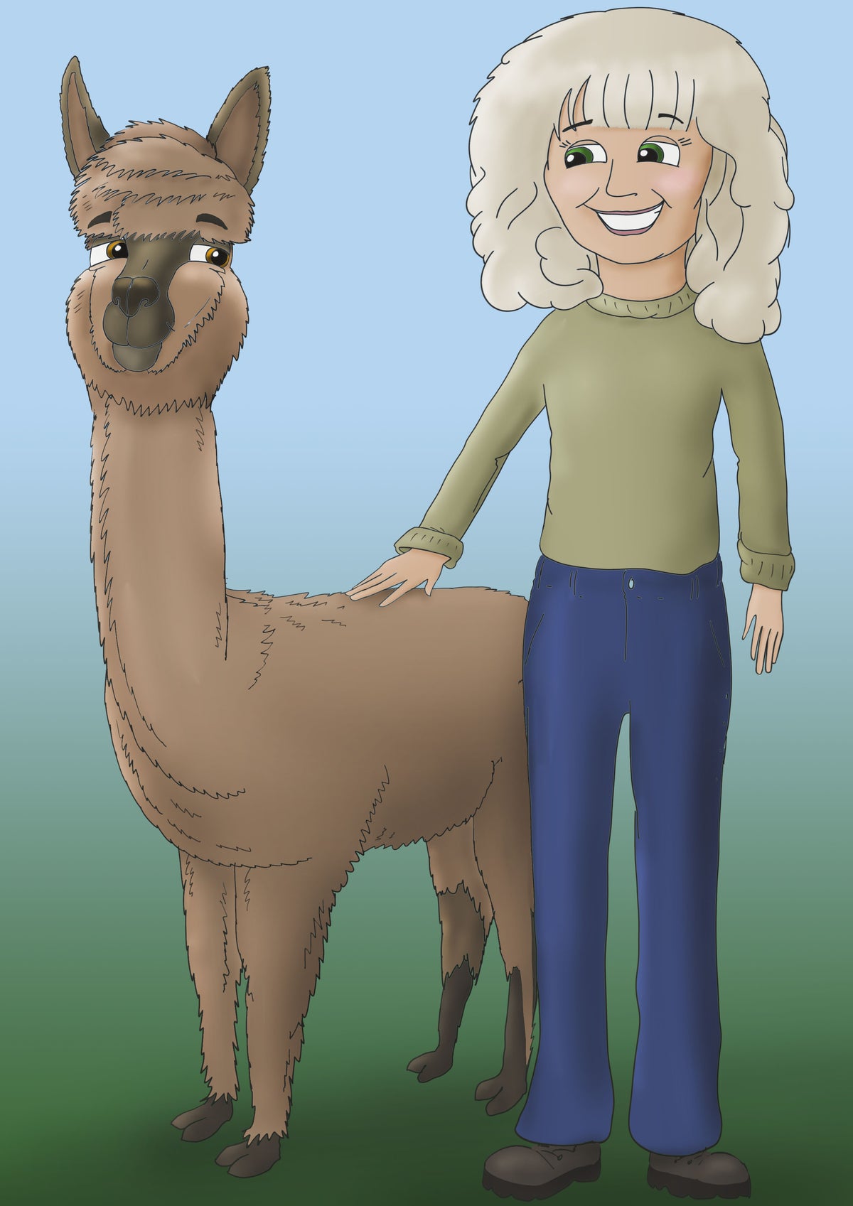 Cartoon portrait of a woman with an alpaca