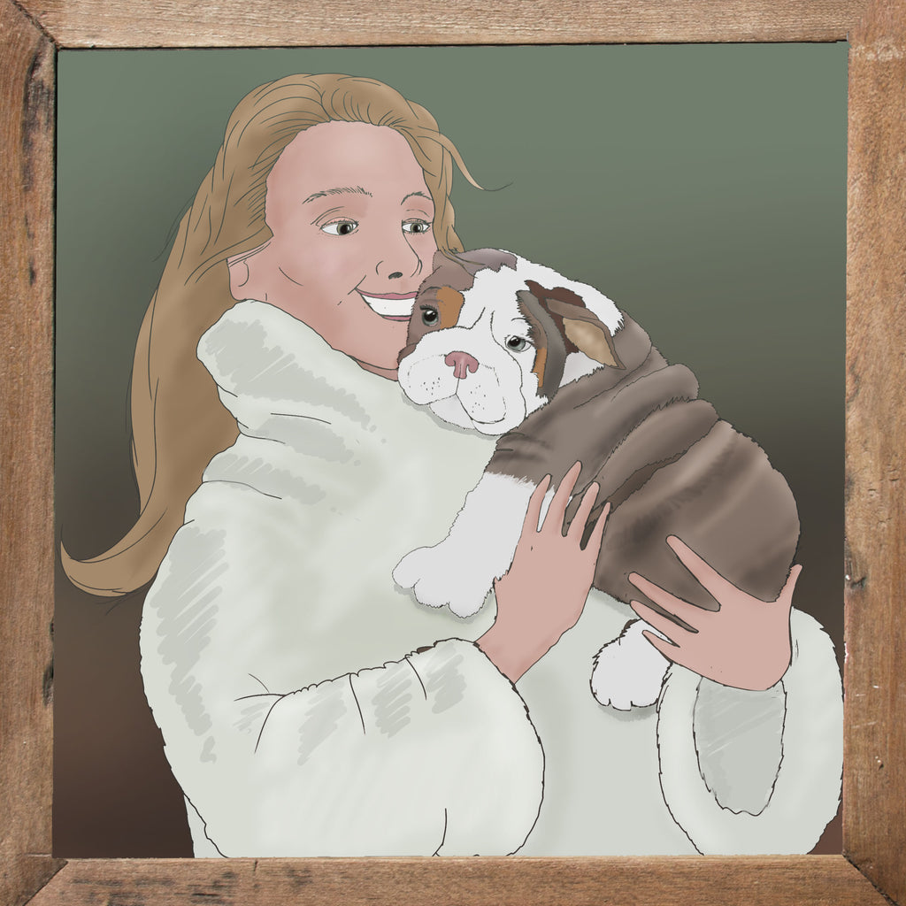 Framed artwork of a woman holding a bulldog