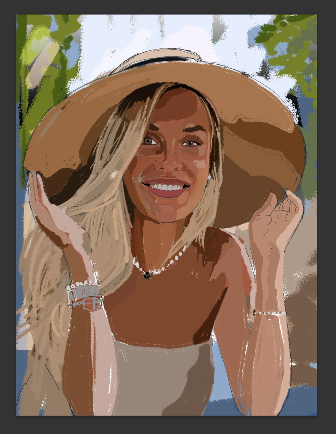 Colourful portrait of a smiling woman wearing a wide-brimmed hat