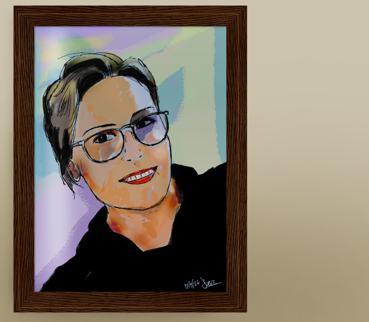 Framed presentation of a colourful portrait of a woman wearing glasses