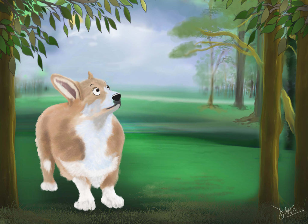 Corgi portrait in a green woodland setting