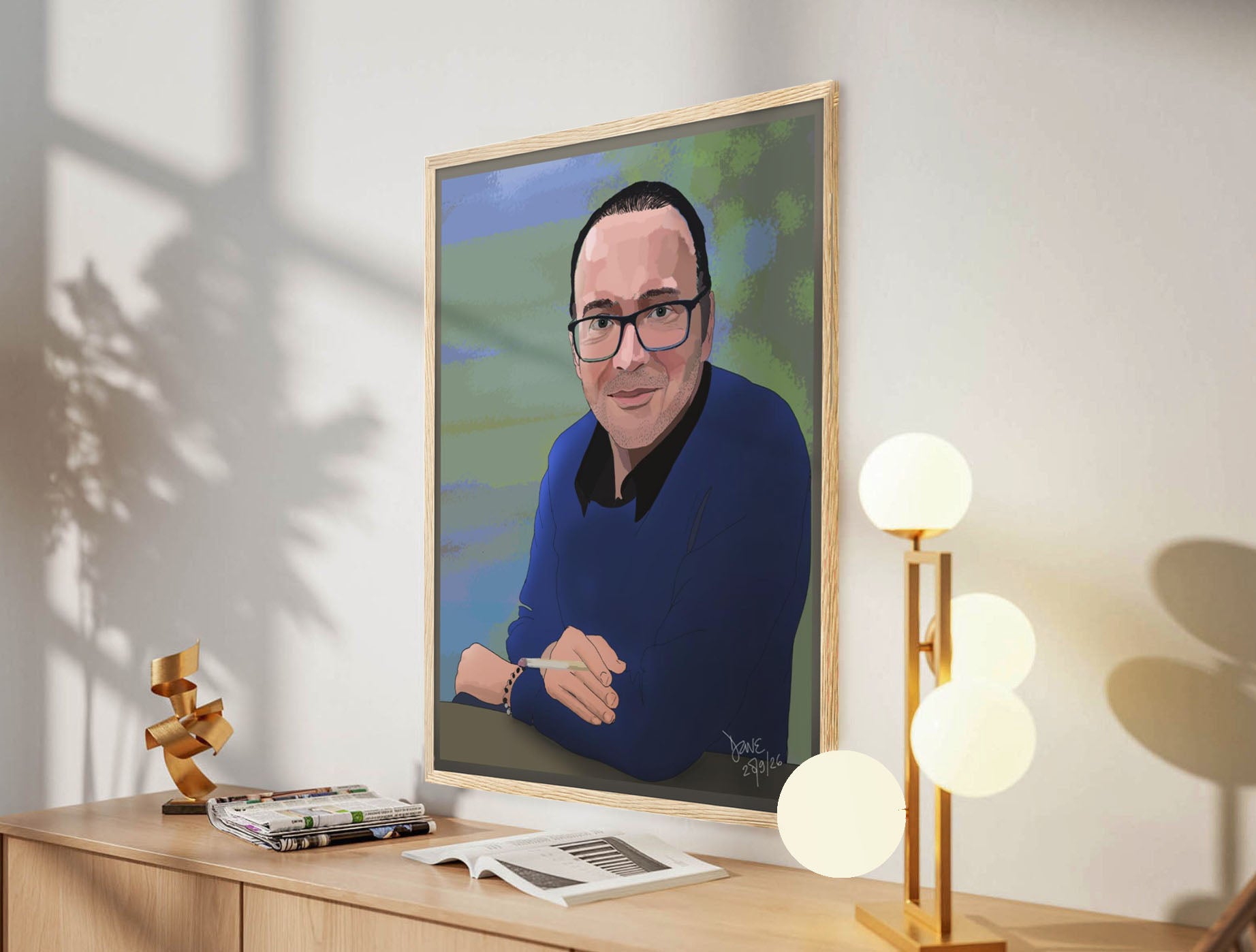 Room mock-up displaying a framed portrait of a man