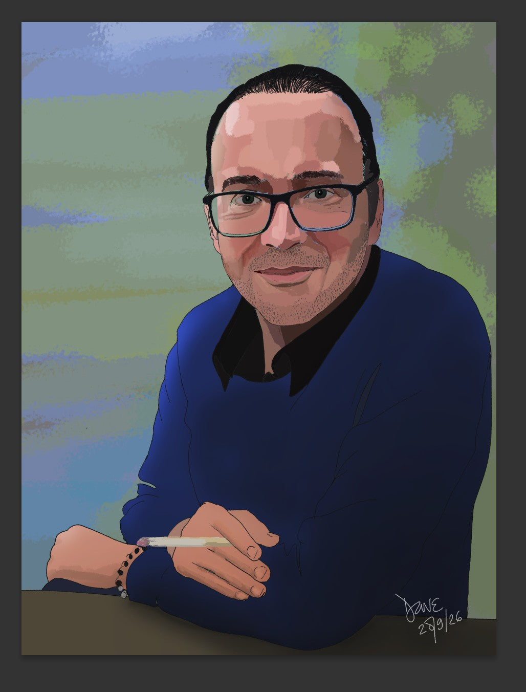 Portrait of a man wearing glasses and a blue top