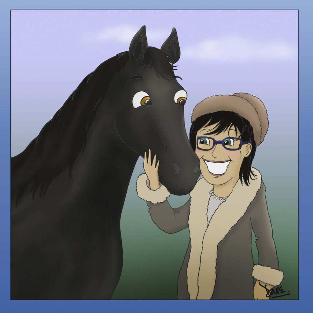 Portrait of a woman beside a black horse