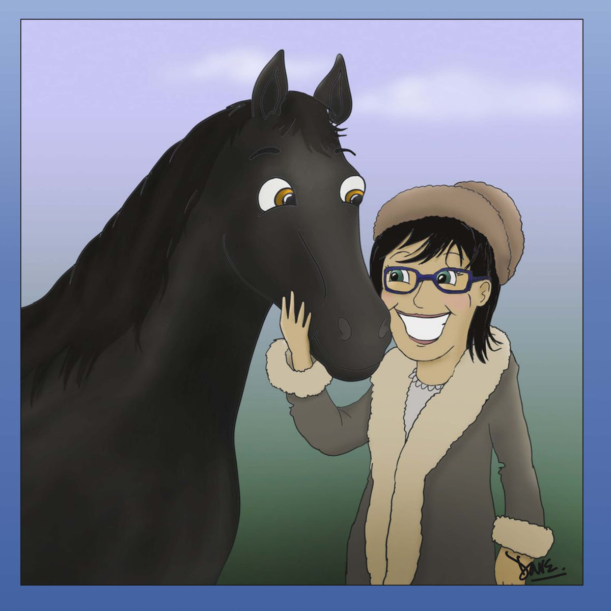 Portrait of a woman beside a black horse
