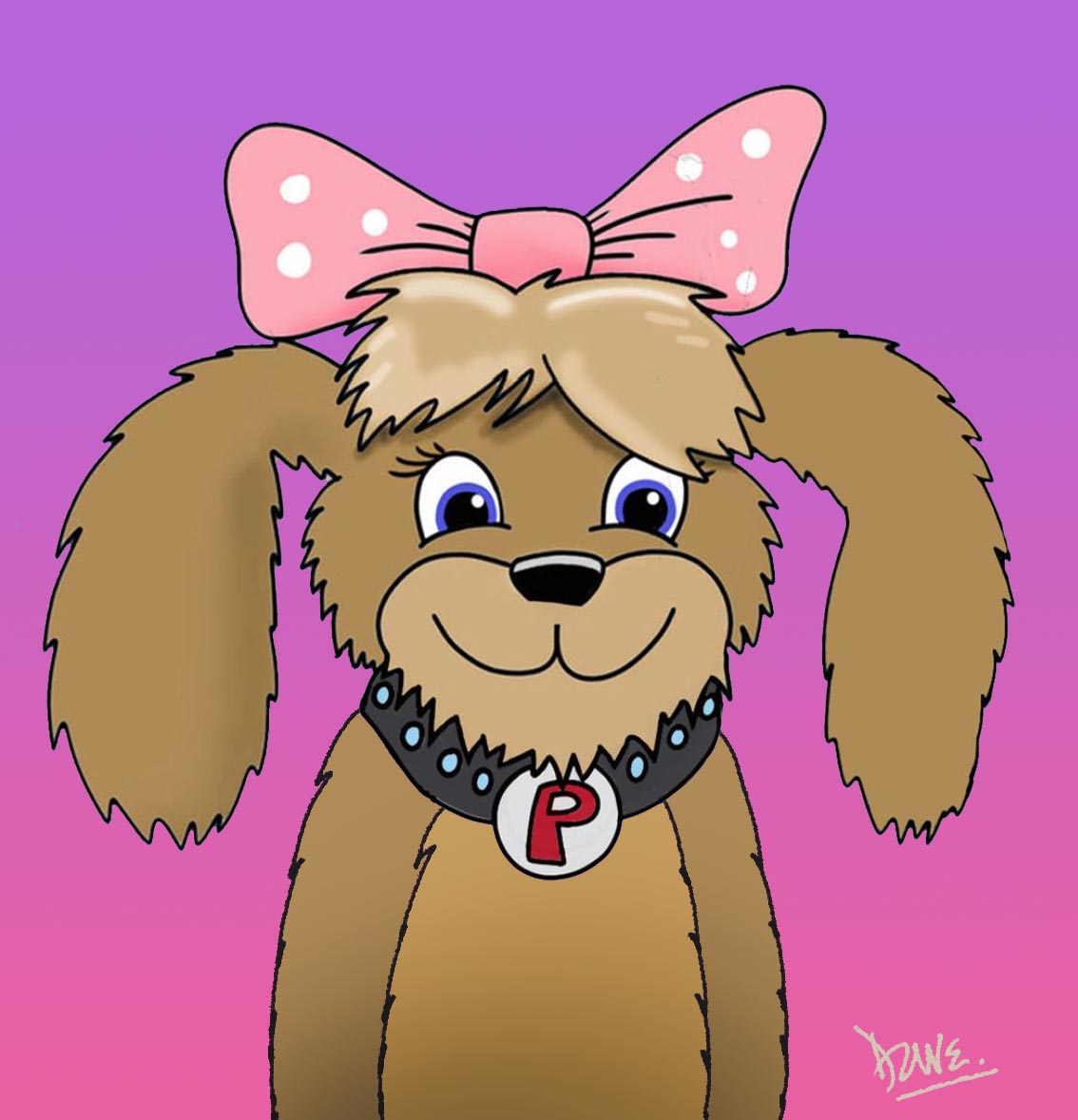 Cartoon dog wearing a pink bow
