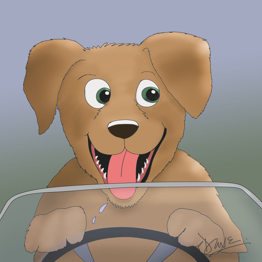 Cartoon dog at a steering wheel
