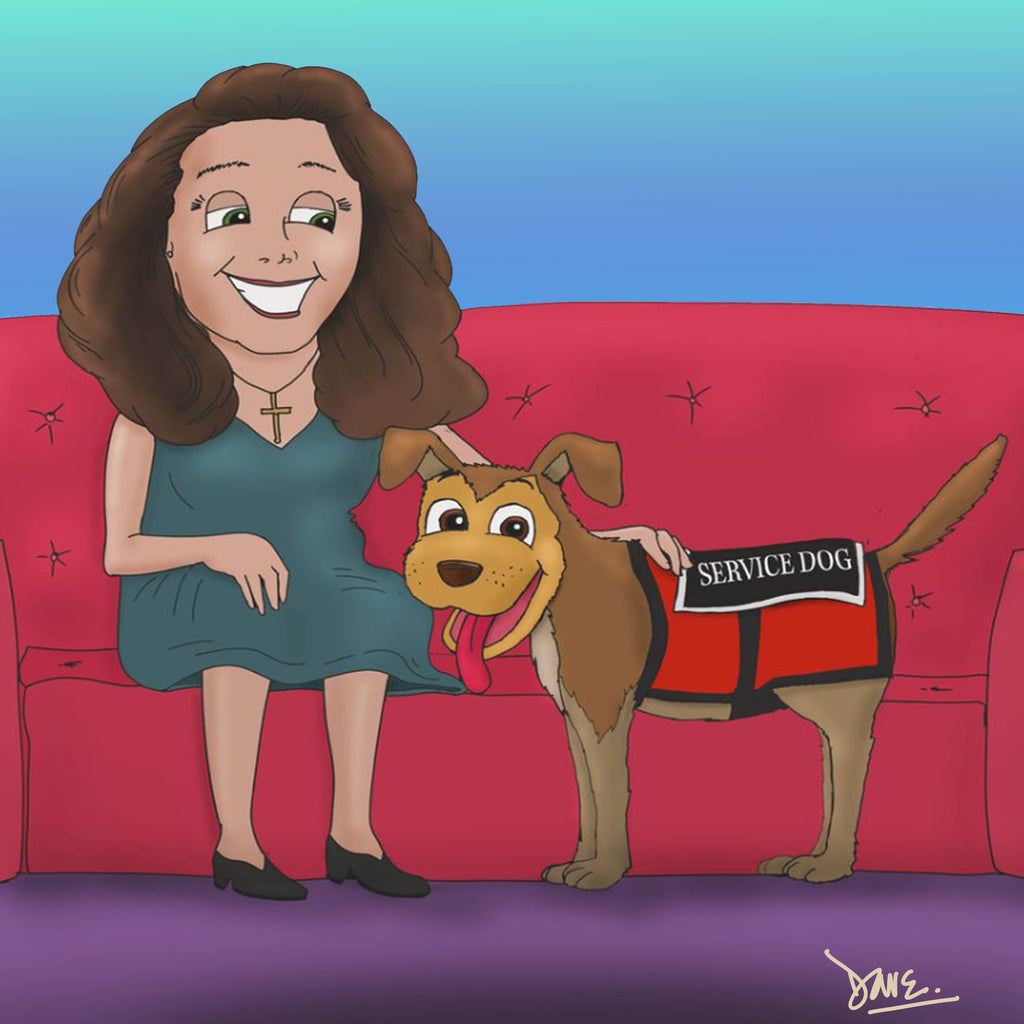 Cartoon woman seated beside a service dog